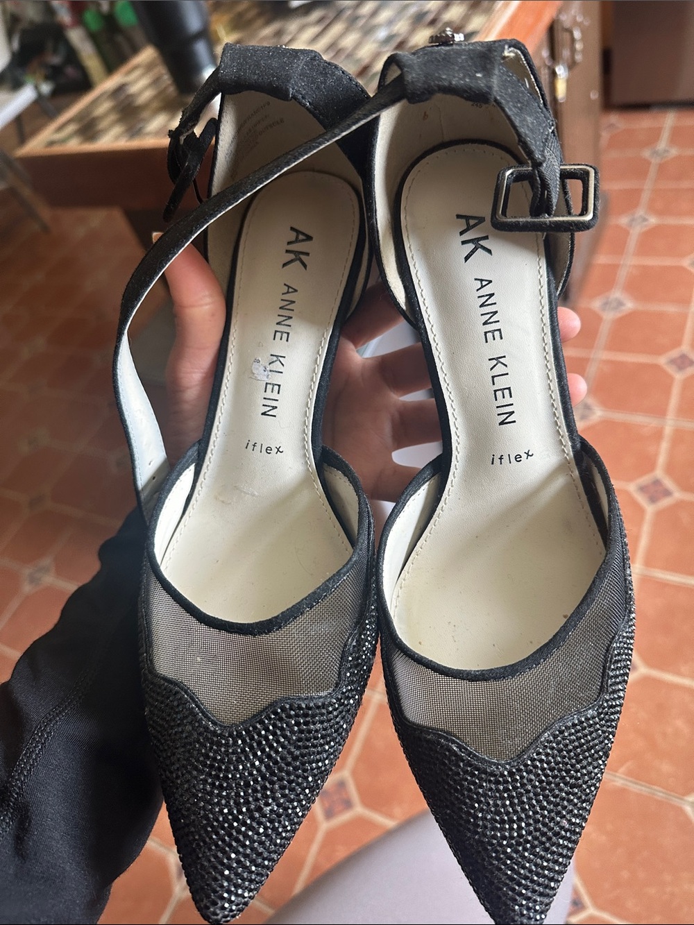 Anne Klein Black Pointed Mesh & Beaded Ankle-Strap Heels